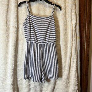C&C California Romper Junior Size 8 Blue White Stripe Spaghetti Strap 100% Linen